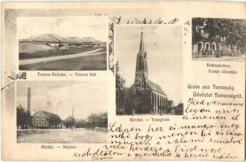 Temesság, Saágh, Dreispitz, Sag; Temes-Brücke, Bahnstation, Mühle, Kirche / Temes híd, Vasútállomás, Templom, Malom / bridge, railway station, mill, church. Floral (EK)