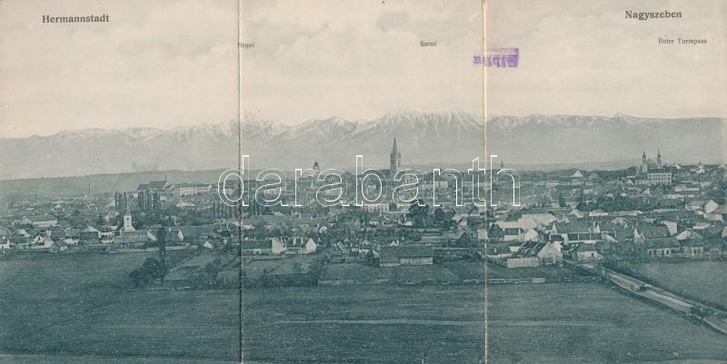Nagyszeben, Hermannstadt, Sibiu; Látkép, három lapos hajtott panorámalap, Jos. Drotleff Nr 48. / general view, 3-tiled panoramacard (hajtásnál kis szakadás / small tear)