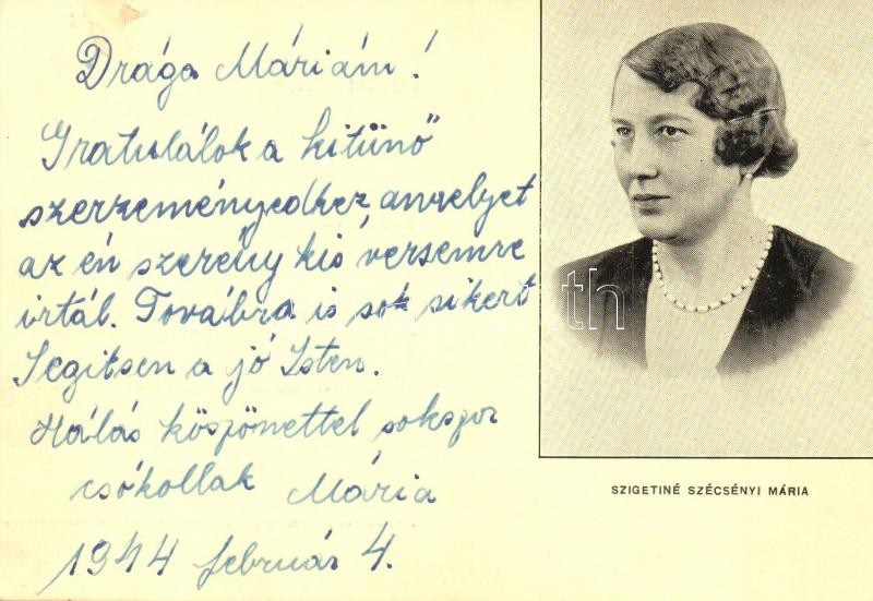 1944 Hogyha négy-öt lityit megiszom... Szigetiné Szécsényi Mária nóta énekesnő gratuláló levele Bauer Mária zeneszerző úrhölgynek / Hungarian female singer's congratulatory letter to a Hungarian female composer