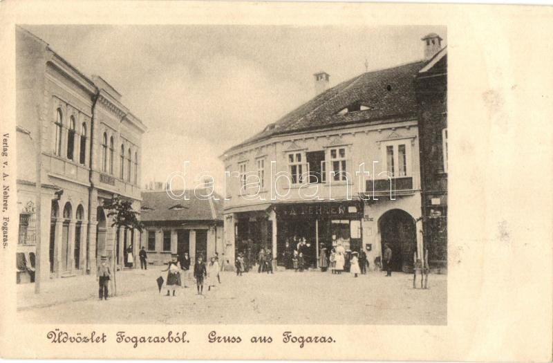 Fogaras, Fagaras; Piac tér, szálloda, A. Nehrer üzlete és saját kiadása / market square, hotel, shops, publisher's shop (r)