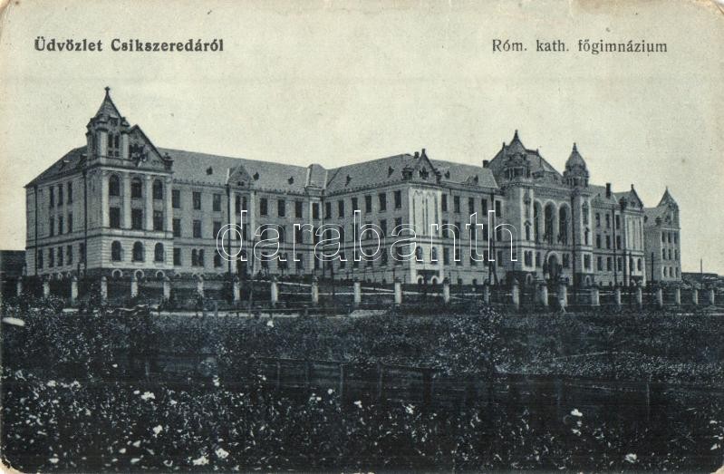 1916 Csíkszereda, Miercurea Ciuc; Római katolikus fő gimnázium. Kiadja Szvoboda Miklós / Catholic high school (kopott sarkak / worn corners)