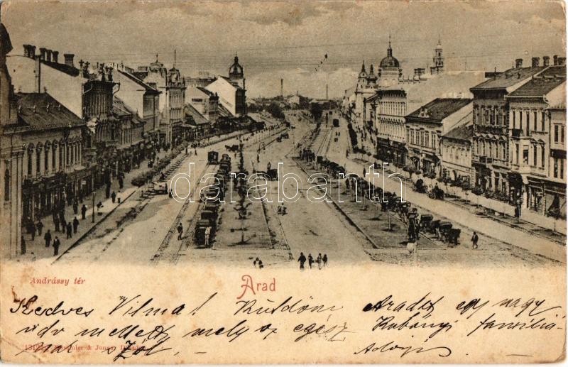 1900 Arad, Andrássy tér, lovaskocsik / square with horse carts (EK)