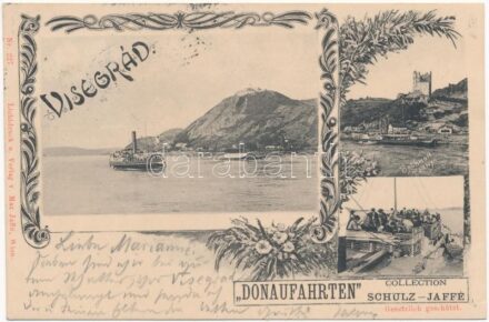 1900 'Visegrád' gőzüzemű oldalkerekes személyhajó Visegrádnál a Salamon tornyánál és a várnál / 'Donaufahrten'. Lichtdruck u. Verlag v. Max Jaffé, Wien. Nr. 227. / on the board of passenger steamship 'Visegrád'. Schulz-Jaffe
