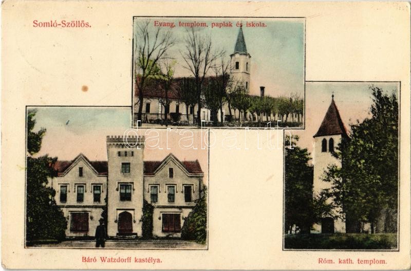 1911 Somlószőlős, Somló-Szöllős; Evangélikus paplak, templom és iskola, Római katolikus templom, Báró Watzdorff kastély