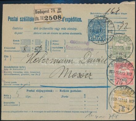 1909 Csomagszállító három színű Turul bérmentesítéssel Mosócra küldve