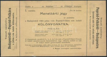 1903 Menettérti jegy a különvonatra Budapestről Poprádfelkára, Magyar Lovaregylet vezértitkársága