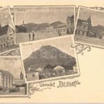 Déva, Vármegyeház, Piactér, Fő utca, Déva vára, Vajdahunyad vára. Hirsch Adolf kiadása / Cetatea Deva, Cetatea (Castelul) Huniadestilor / county hall, main street, marketplace, castles. Art Nouveau (14,5 cm x 8 cm)