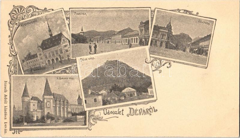 Déva, Vármegyeház, Piactér, Fő utca, Déva vára, Vajdahunyad vára. Hirsch Adolf kiadása / Cetatea Deva, Cetatea (Castelul) Huniadestilor / county hall, main street, marketplace, castles. Art Nouveau (14,5 cm x 8 cm)