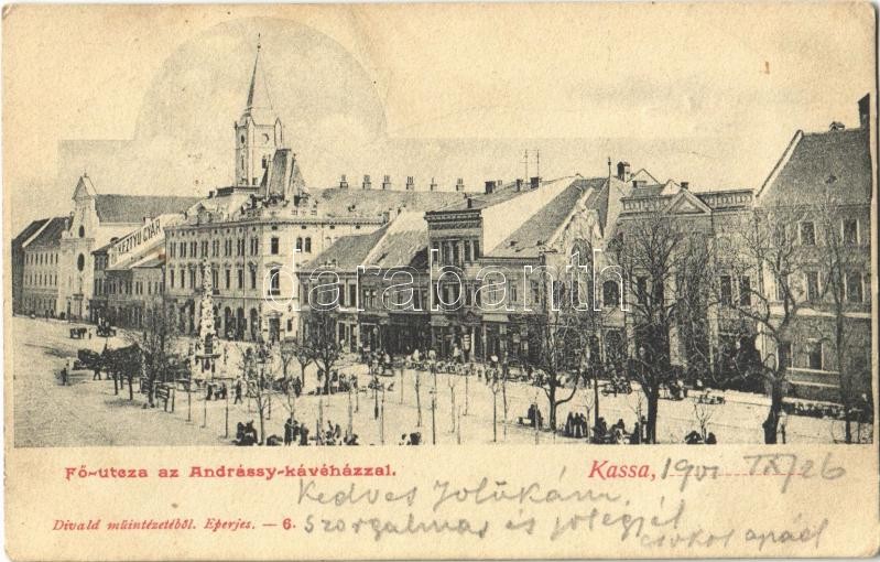 1901 Kassa, Kosice; Fő utca, Andrássy kávéház, keztyűgyár (kesztyű gyár). Divald / main street, cafe, glove factory (EB)