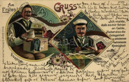 1898 Fresskiste. Am Ersten! Am Letzten! Ich melde, dass es mir fehlet an Gelde, Habet also die Gelegenheit u. schicket mir nachstehende Kleinigkeit / Német élelmiszer doboz reklám / German 'eating crate' advertisement card. Bruno Bürger &