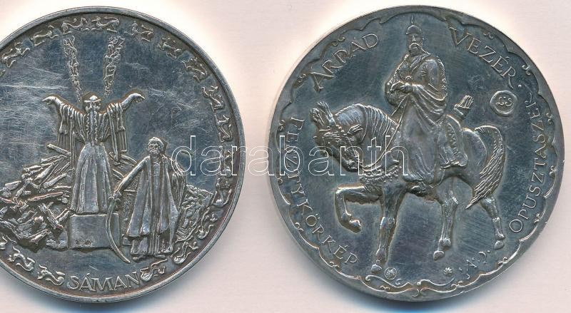 1996. 'Magyarország Millecentenárium / Sámán' ezüstözött fém emlékérem (42mm) + 'Nemzeti Történeti Emlékpark Ópusztaszer / Árpád vezér' ezüstözött fém emlékérem (42mm) T:1-,2 (eredetileg PP)