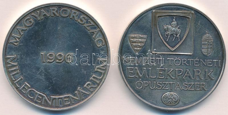 1996. 'Magyarország Millecentenárium / Sámán' ezüstözött fém emlékérem (42mm) + 'Nemzeti Történeti Emlékpark Ópusztaszer / Árpád vezér' ezüstözött fém emlékérem (42mm) T:1-,2 (eredetileg PP) - Image 2