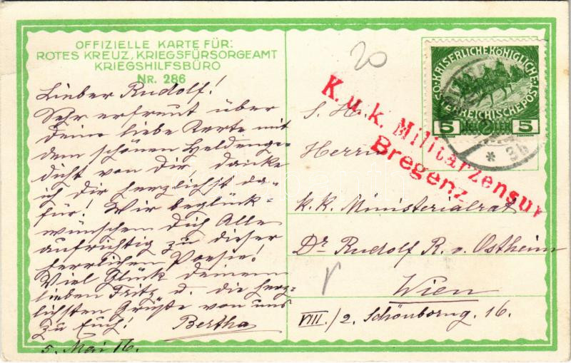 1916 Wappenschild und Krone des Mittleren Österreichischen Wappens / Austria-Hungary coat of arms and crown. Offizielle Karte für Rotes Kreuz, Kriegsfürsorgeamt, Kriegshilfsbüro Nr. 286. + 'K.u.K. Militärzensur Bregenz' (EK) - Image 2