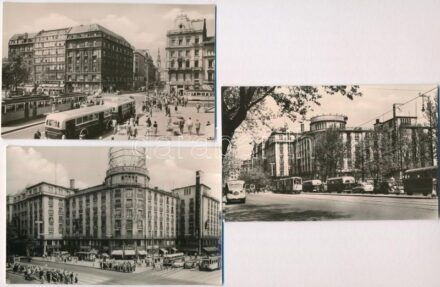 Budapest VII. Hotel Astoria szálló, Tanács körút (Károly körút) és Rákóczi sarok, Állami biztosító, autóbusz, automobil, villamos, üzletek, gyógyszertár. Képzőművészeti Alap Kiadóvállalat - 3 db MODERN városképes lap / 3