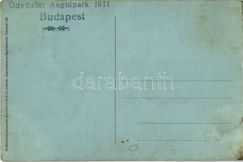 Westernacher's Original-Oberlandlerkapelle - Ständige Adresse: Fürth. i. B. / Tyrolean msuic band 'Üdvözlet Angolpark 1911 Budapest' - 1 pohár 10 korona (Rb) - Image 2