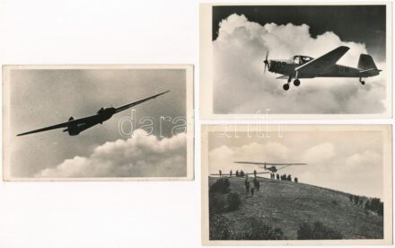 3 db modern magyar repülőgép: kétüléses iskolagép startja, egyedül a felhők között (209 BUM), Juni-18 teljesítménygép fordulóban. Képzőművészeti Alap Kiadóvállalat / 3 modern Hungarian aircrafts