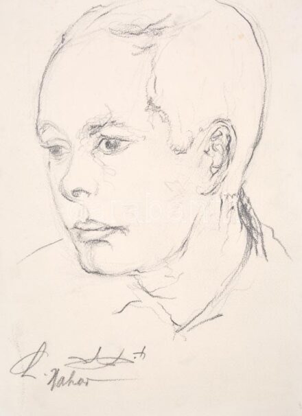 Chaim Nahor (1914-1993, izraeli festő és grafikus): Férfi és női portré, 2 db mű. Szén, papír, jelzett, kissé foltos. 38,5x28 cm / Chaim Nahor (1914-1993, painter from Israel): Portrait of a man and woman, 2 pcs. Coal, paper, signed, a