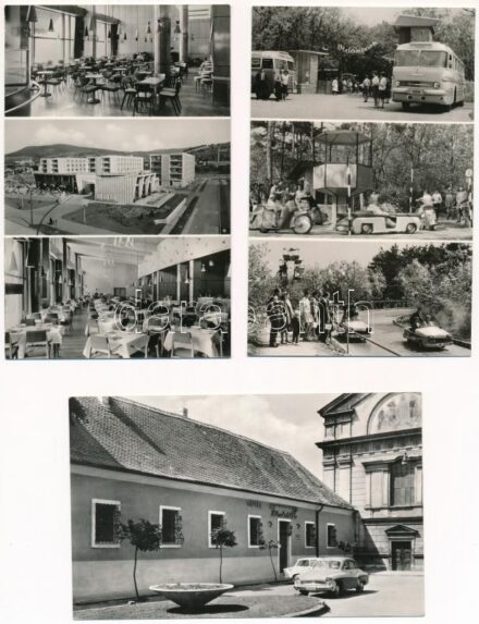 Pécs, Bánki Donát általános iskola, Dömörkapu turistaház, Hotel Turist, Olimpia étterem, Vidám park - 7 db modern Képzőművészeti Alap Kiadóvállalat képeslap / 7 modern postcards