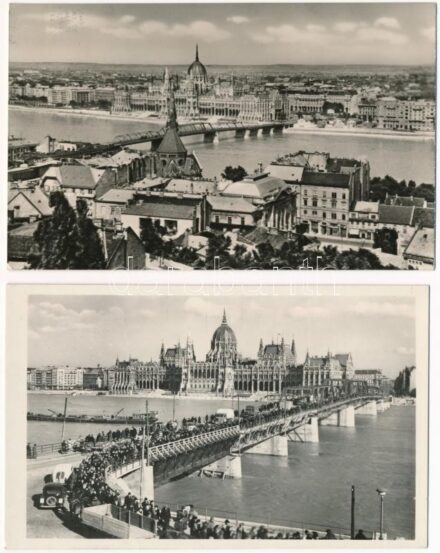 Budapest - 2 db MODERN városképes lap: Kossuth híd, az egyiken nagy gyalogos forgalommal / 2 MODERN town-view postcards