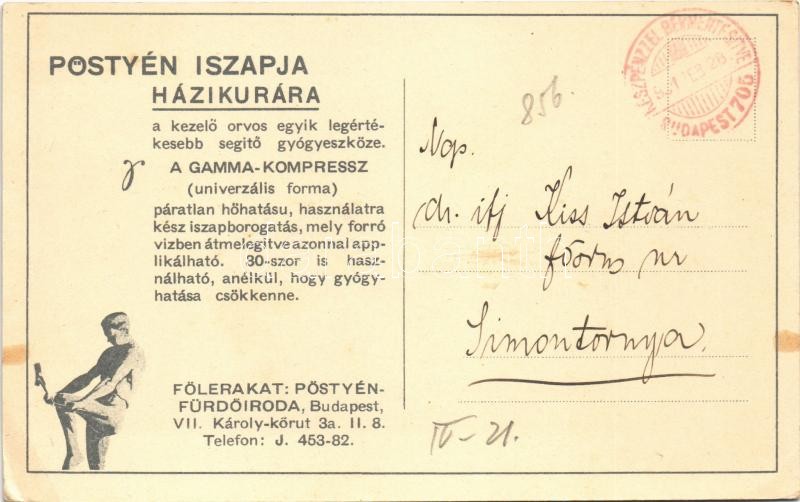 1931 Pöstyén, Piestany; Polyarthritis Sec. Destruens. A fürdő iszap házikúrára, Gamma-Kompressz reklámlap / spa's advertisement, mud treatment (18,5 cm x 10,5 cm) (EK) - Image 2
