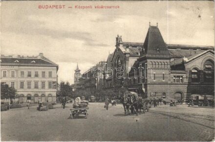 Budapest IX. Központi Vásárcsarnok, lovaskocsik, villamos, Nádor szálloda és kávéház