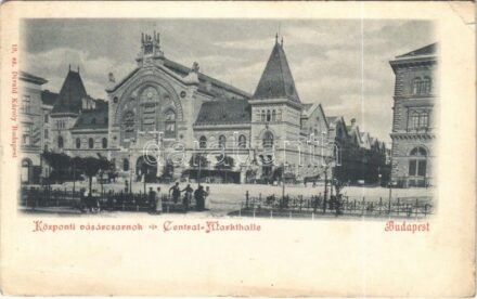 Budapest IX. Központi Vásárcsarnok, lovaskocsik, villamos, Nádor szálloda, gyógyszertár. Divald Károly 19. (EK)