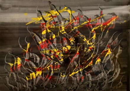 Csáji Attila (1939-): Organikus Spakli kalligráfiák X, 1964. Olaj, papír. Jelzett a hátoldalán. Üvegezett keretben. A művész korai absztrakt alkotása! 41x58 cm