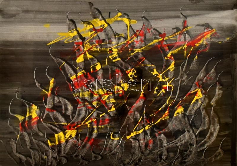 Csáji Attila (1939-): Organikus Spakli kalligráfiák X, 1964. Olaj, papír. Jelzett a hátoldalán. Üvegezett keretben. A művész korai absztrakt alkotása! 41x58 cm