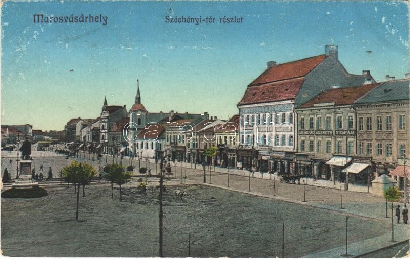 1912 Marosvásárhely, Targu Mures; Széchenyi tér a Bodor kút nélkül, Adi Árpád Kossuth nyomdája, üzletek / square without the well, shops (EK)