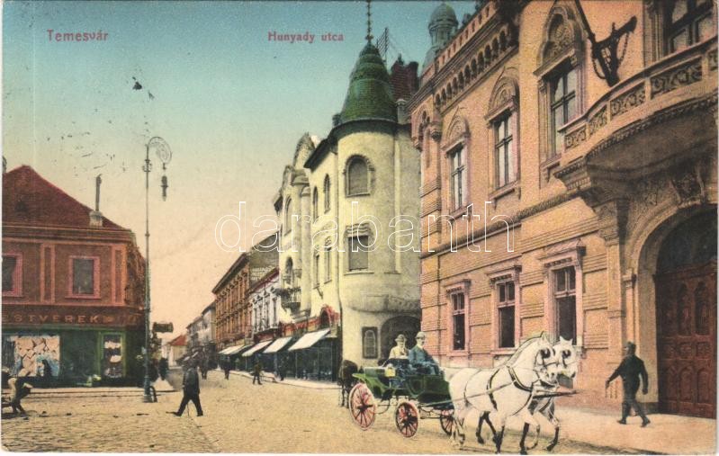 1911 Temesvár, Timisoara; Hunyadi utca, lovaskocsi montázs. L&P 3916. / street view, horse-drawn carriage montage