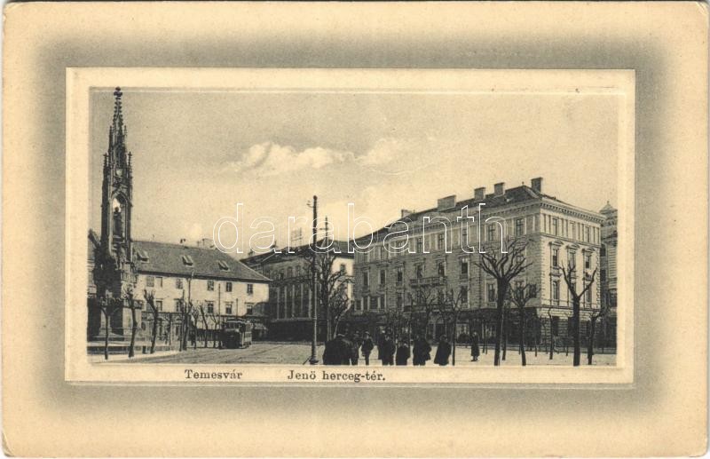 Temesvár, Timisoara; Jenő herceg tér, villamos, Rukavina emlékmű. Ideal W.L. Bp. No. 6661. / square, monument, tram