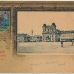 1902 Temesvár, Timisoara; Domtér, Szentháromság szobor. Címeres szecessziós litho keret / cathedral square, trinity statue. Art Nouveau, coat of arms, litho
