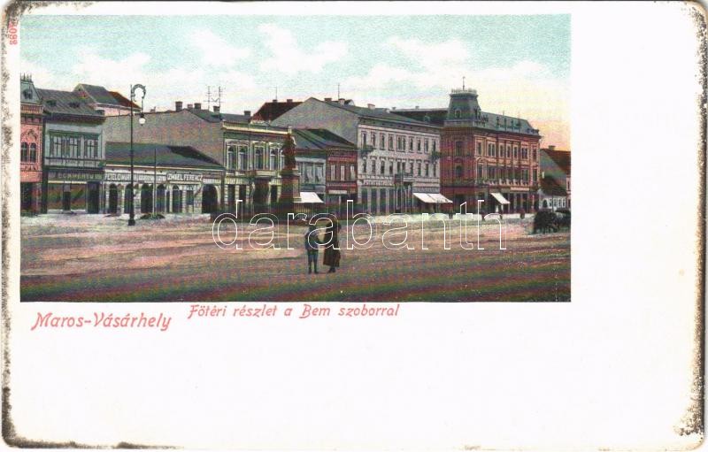 Marosvásárhely, Targu Mures; Fő tér, Bem szobor, Echwert, Petelei, Izmael Ferenc üzlete / main square, statue, shops (kopott sarkak / worn corners)