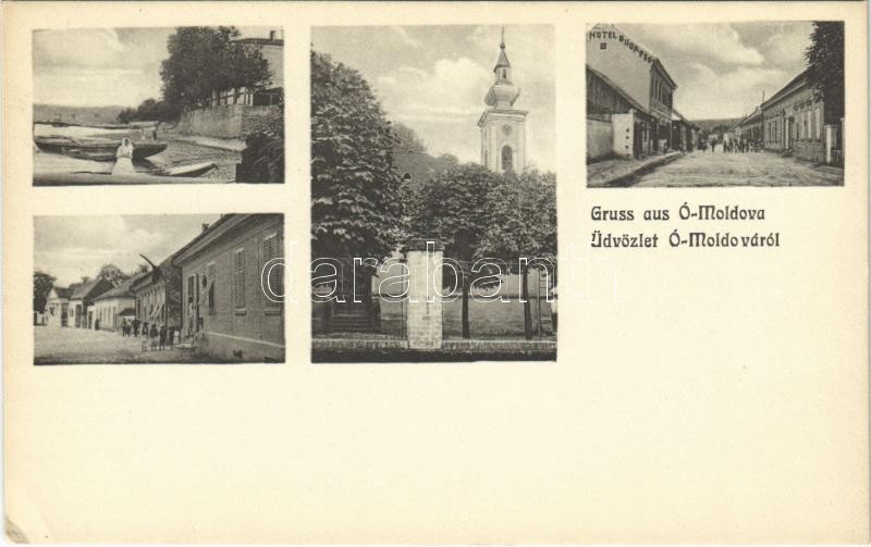Ómoldova, Moldova Veche; templom, folyópart, utca, Budapest szálloda. Jos. Drotleff, A. Weiser / church, street, riverside, hotel (EK)