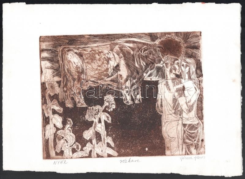 Józsa János (1936-2016): Nyár. Rézkarc, papír, jelzett, lap szélén apró foltokkal, 18×24 cm