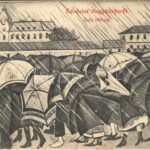 1915 Nagykőrös esős időben, esernyős tömeg. Geszner Jenő kiadása