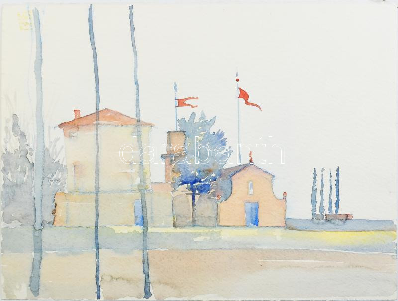 Gibellini, Luisa (1950-), kétoldalas mű: Fecskék, 1990. Akvarell, papír. Jelzett. Hátoldalán toszkán ház. 20×14 cm - Image 3