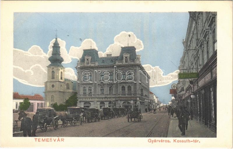 Temesvár, Timisoara; Gyárváros, Kossuth tér, Porcelánház, Adler Ignác, Csendes és Fischer üzlete, lovashintók / Fabric, square, shops, chariots