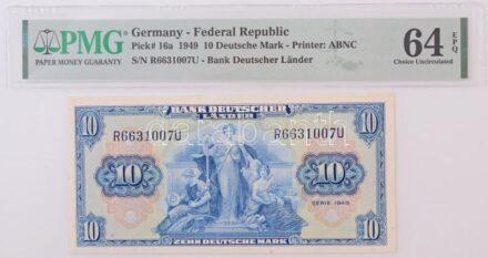 Német Szövetségi Köztársaság 1949. 10M 'R6631007U', hozzá tartozó PMG tanúsítvánnyal, de a műanyag tokból kivágva T:I Federal Republic Germany 1949. 10 Mark 'R6631007U' with PMG certificate, but without the plastic case