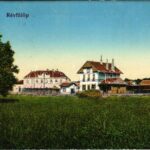 1922 Révfülöp, Hullám szálloda, Révfülöp-Kővágóörs vasútállomás, vagonok. Popper Gyula kiadása