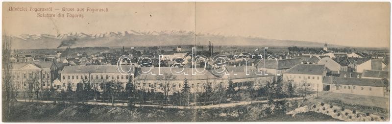 Fogaras, Fagaras; Két részes kihajtható panorámalap. Photogr. Leo Palliardi, J. Járos kiadása / 2-tiled folding panoramacard