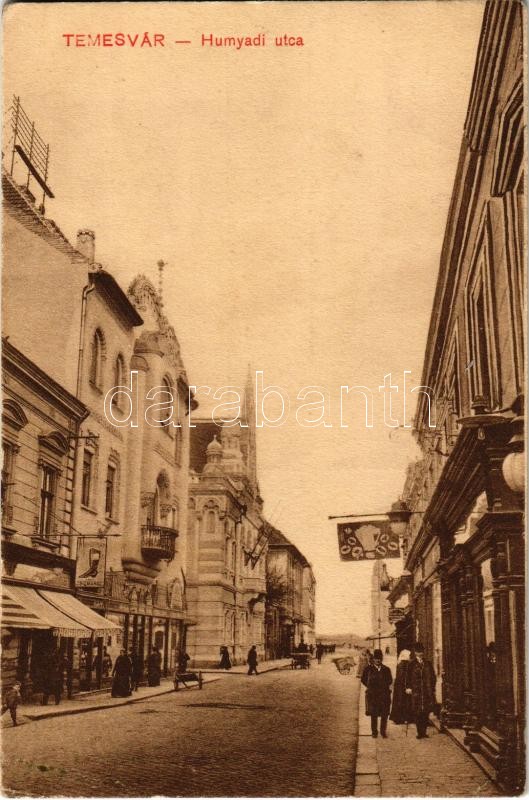1910 Temesvár, Timisoara; Hunyadi utca, üzletek. Moravetz testvérek kiadása / street, shops (EK)