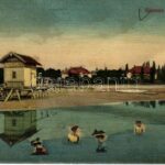 Balatonszemes, Szemes-Balatonfürdő; part, strand, fürdőkabin apálykor. Fellner Soma kiadása (EK)