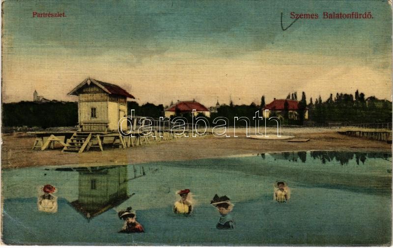 Balatonszemes, Szemes-Balatonfürdő; part, strand, fürdőkabin apálykor. Fellner Soma kiadása (EK)