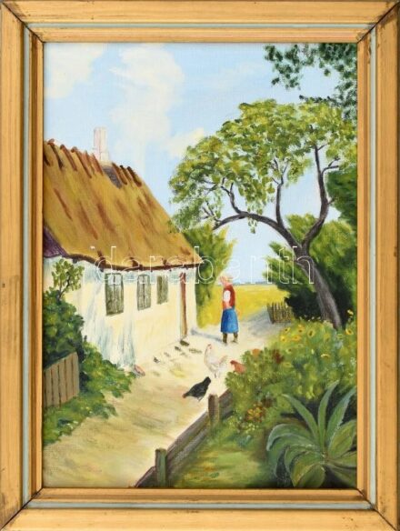 Jelzés nélkül: Baromfi udvar. Olaj, vászon. Keretezett.33x24cm