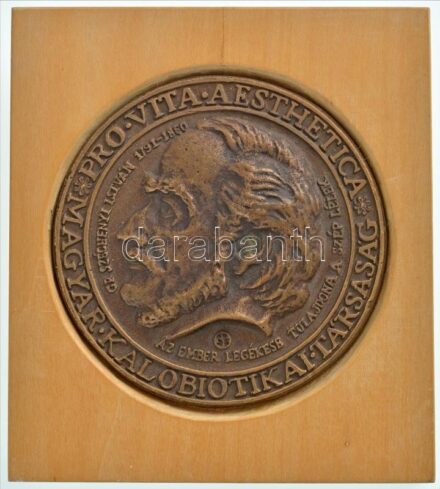 1991. 'PRO VITA AESTHETICA - Magyar Kalobiotikai Társaság - Gr. Széchenyi István 1791-1860 - Az ember legékesb tulajdona a szép lélek' egyoldalas, öntött Br plakett, (81mm) fa alapon T:1-