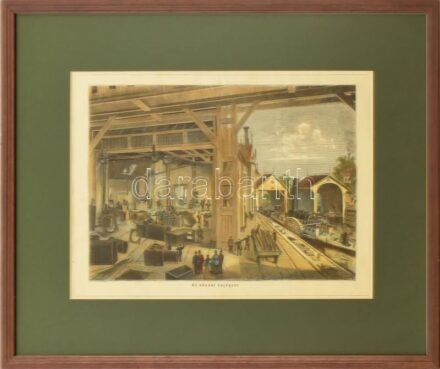 cca 1860 Az óbudai hajógyár. Színezett fametszet. 20x29 cm Üvegezett keretben.