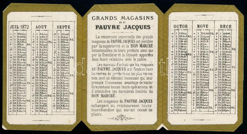 1872 Kártyanaptár Párizsi ruhaüzlet, Kihajtható 3 részes. Litográfia / Paris clothes shop calendar card. Litho.9x6 cm 17x9 cm - Image 2