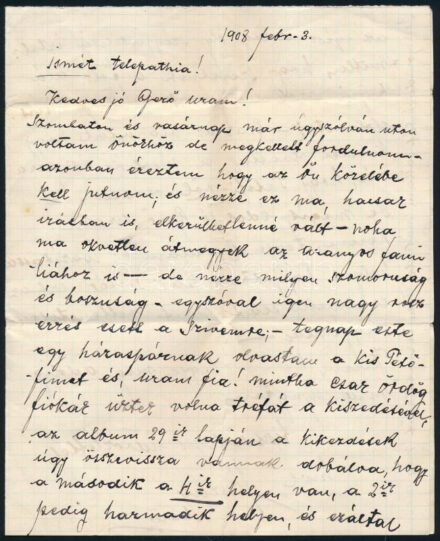 1908. febr. 3. és 8. Jászai Mari (1850-1926) színésznő autográf, kettő darab levele Gerő Ödön (1863-1939) újságíró, szerkesztőnek, a Pesti Napló munkatársának, amelyben Petőfi témában ír. 1907-ben jelent meg a Petőfi-Album a