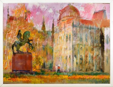 Gulyás Dénes (1927-2003): Sétálók a Kossuth téren (háttérben a Parlament), 1961. Olaj, farost, jelezve jobbra lent. Sarkaiban kissé sérült. Fakeretben. 60x80 cm